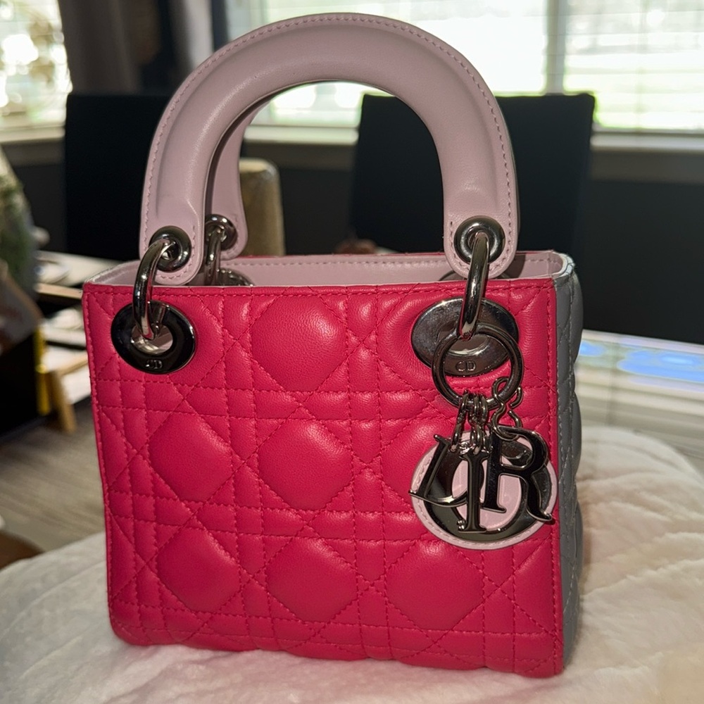 Dior Pink and Gray Mini Quilted Bag with silver Hardware